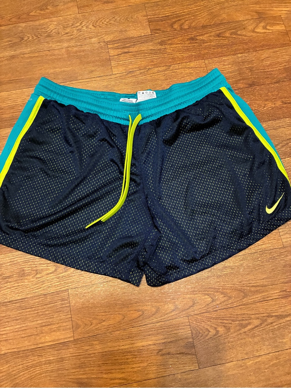 Nike Women’s Blue Mesh Shorts with Teal Waistband and Yellow Trim Size Large